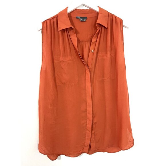 VINCE Orange Sleeveless Silk Button Down Collared Blouse Size M - Picture 2 of 5